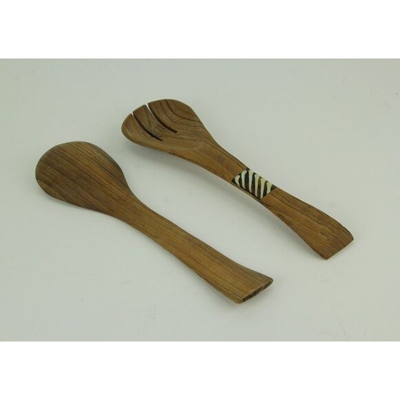 Hand Carved Wood and Bone Flat Handle Salad Server Set - Picture 3 of 3